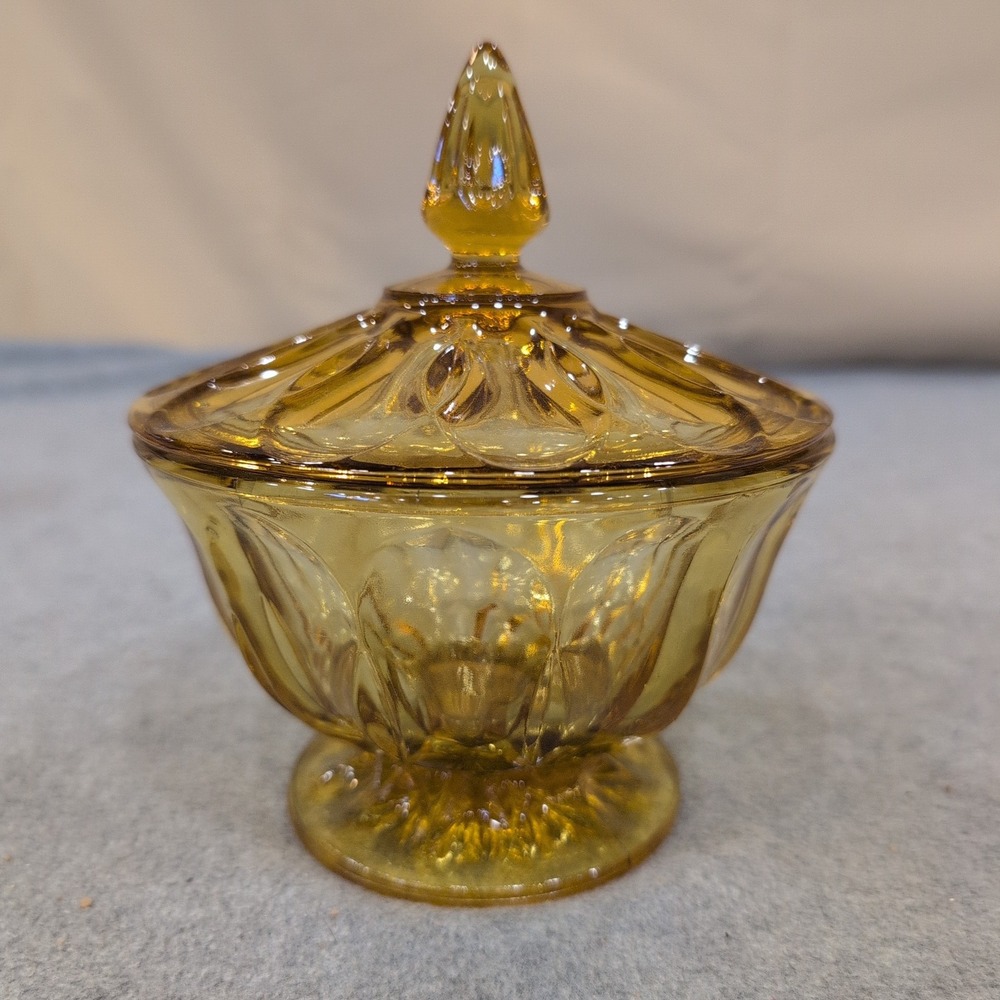 Vintage Anchor Hocking Amber Pressed Glass Footed Candy Dish with Lid Bowl